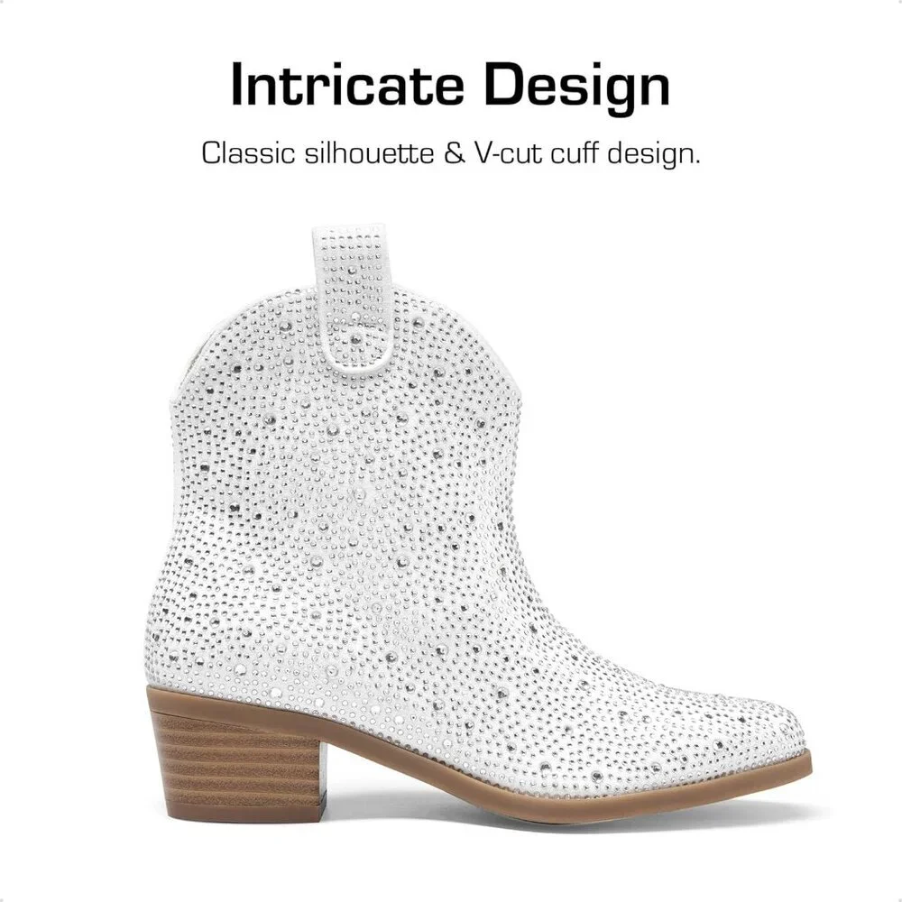 ⚡Girls White Cowgirl Rhinestone Zipper Boots Ankle Low Heel Dress Booties